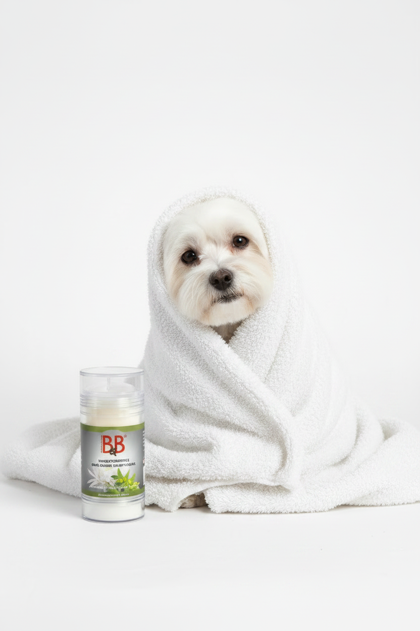 Freshly bathed white Maltese wrapped in a towel beside B&B Chrysanthemum & Jojoba Shampoo Bar.