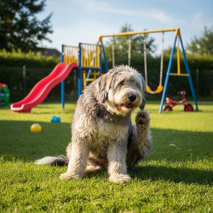 Dog scratching irritated skin from fleas outdoors