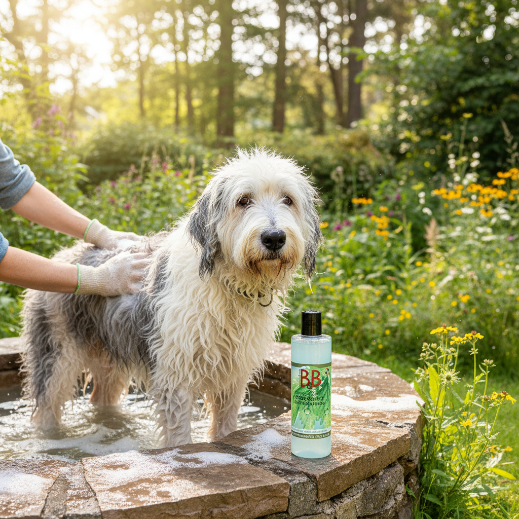 Dog receiving gentle skin and coat care with B&B Organic Flea Shampoo