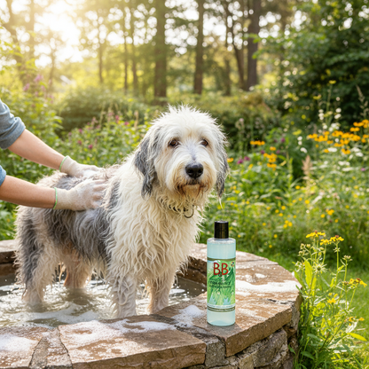 Dog receiving gentle skin and coat care with B&B Organic Flea Shampoo