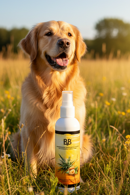 B&B 3-in-1 Sun Protection Leave-In Conditioner with a Golden Retriever in a sunny field