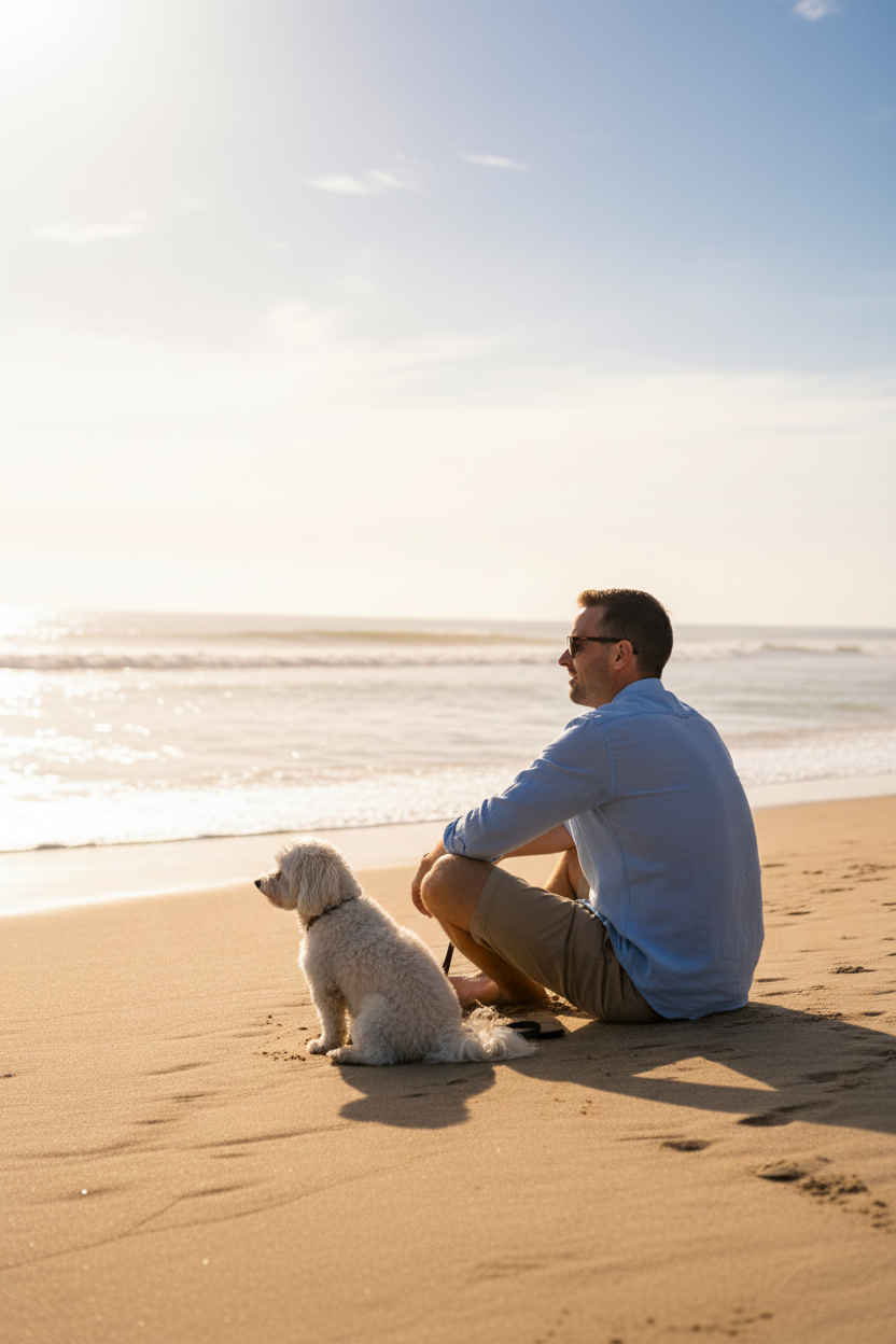 Dog and owner enjoying a sunny beach day with a healthy, protected coat after using B&B 3-in-1 Sun Protection Leave-In Conditioner