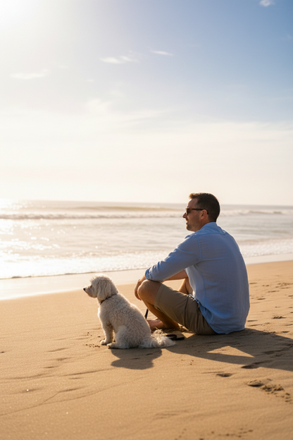 Dog and owner enjoying a sunny beach day with a healthy, protected coat after using B&B 3-in-1 Sun Protection Leave-In Conditioner