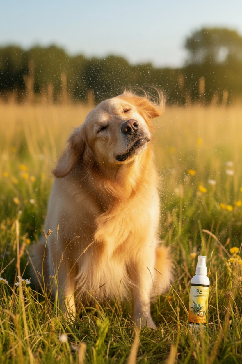 Golden Retriever enjoying sunshine with a healthy, protected coat after using B&B 3-in-1 Sun Protection Leave-In Conditioner