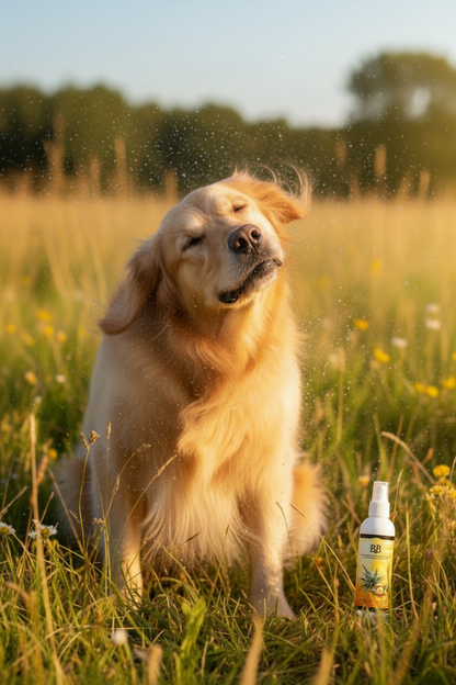 Golden Retriever enjoying sunshine with a healthy, protected coat after using B&B 3-in-1 Sun Protection Leave-In Conditioner