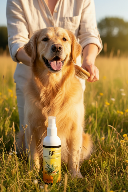 Spraying B&B 3-in-1 Sun Protection Leave-In Conditioner onto a Golden Retriever outdoors