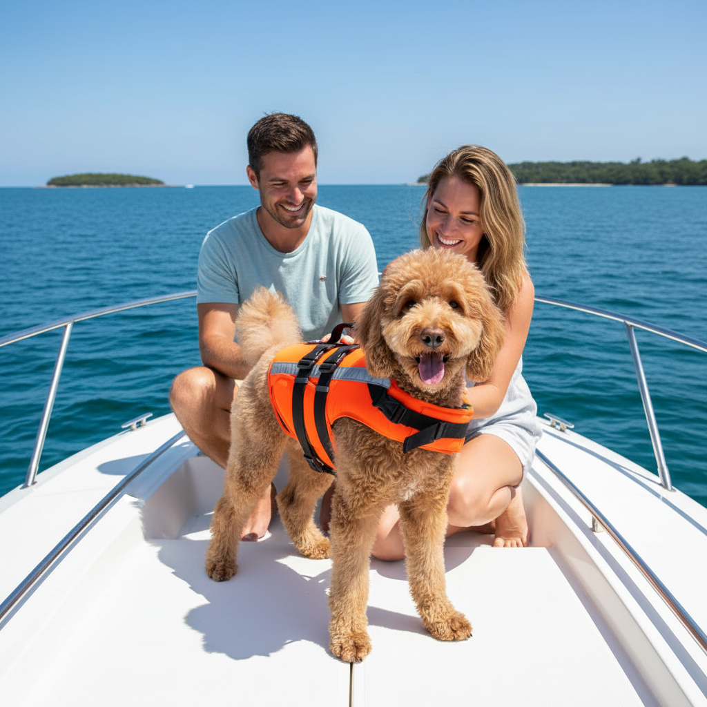 Poodle Wearing Reflective Orange Dog Life Jacket While Boating with Family