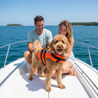 Poodle Wearing Reflective Orange Dog Life Jacket While Boating with Family
