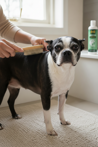 Boston Terrier with a clean healthy-looking coat after grooming with B&B moisturizing shampoo