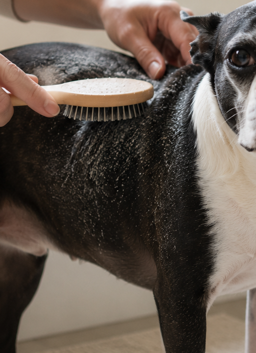 Close-up of dry flaky skin and coat being gently brushed before bathing