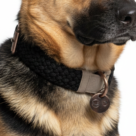 Close-up of dog wearing BetterCollar Onyx Black recycled dog collar
