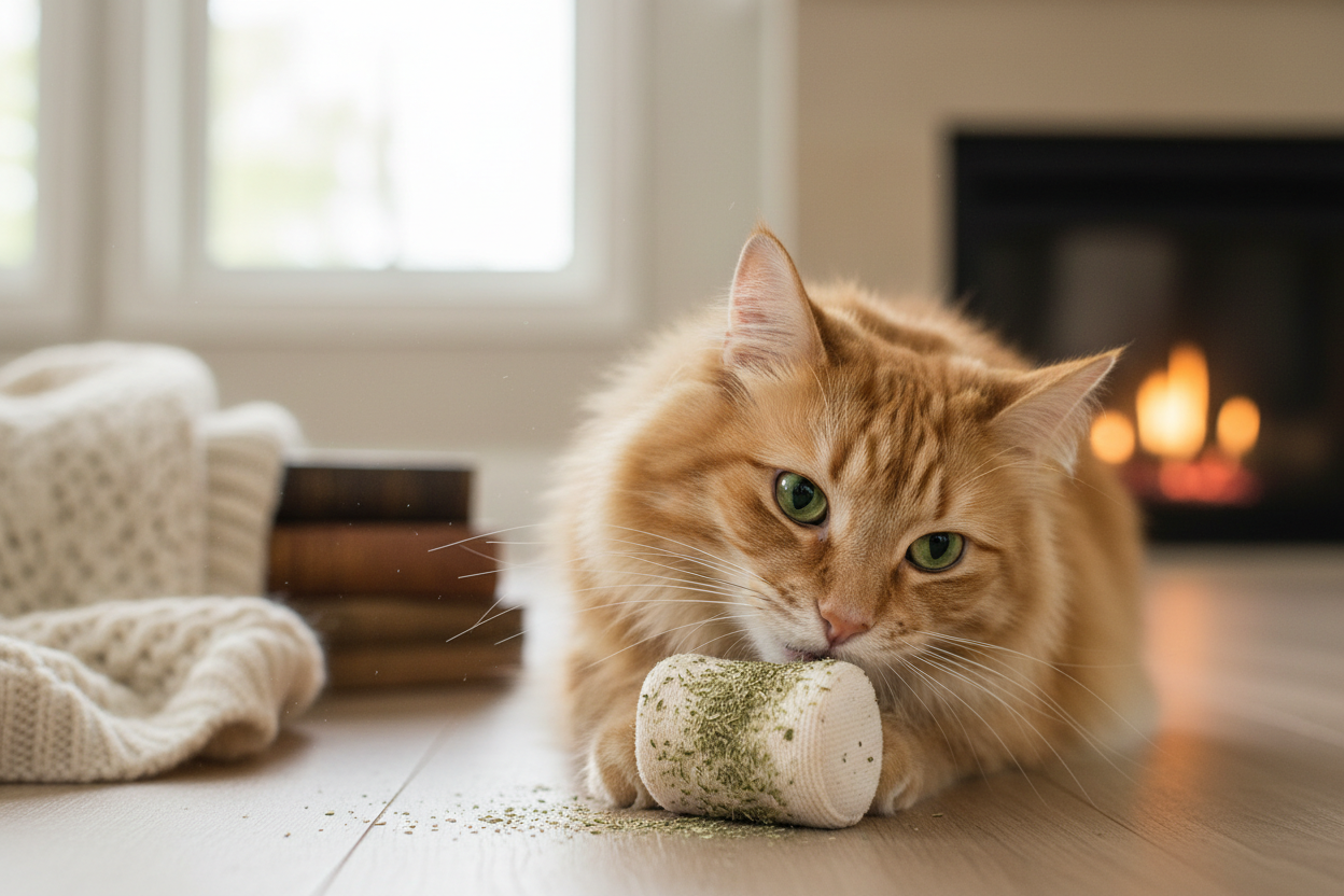 Orange tabby cat investigating Shady Cat organic catnip and silver vine blend spilled from the tube On a toy