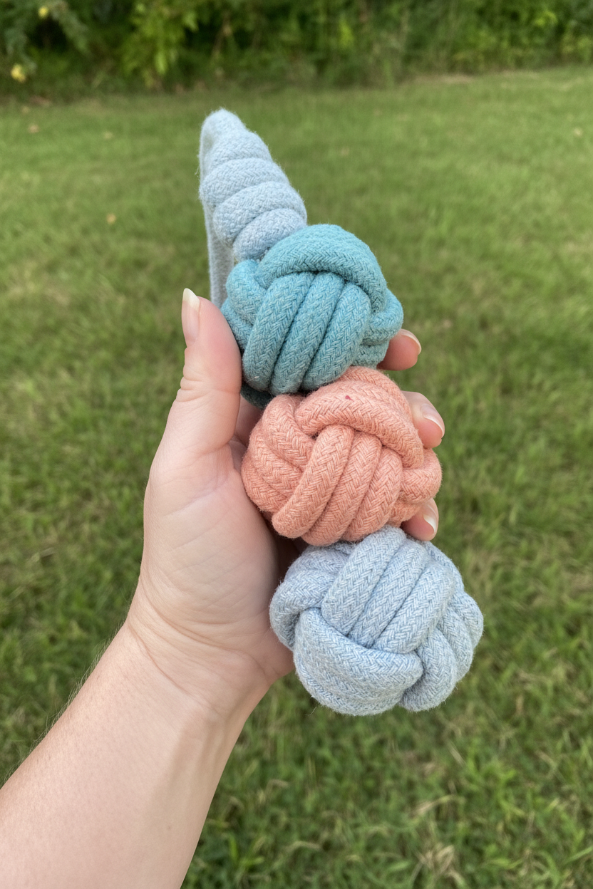 Hand holding Handmade Ice Cream Rope Ball Dog Toy for size reference