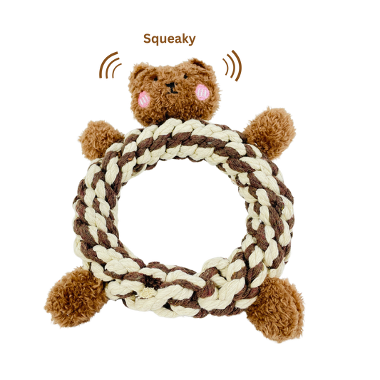 Eco-Brownie Bear Macrame Dog Toy- Plush, Squeaky, Fashion
