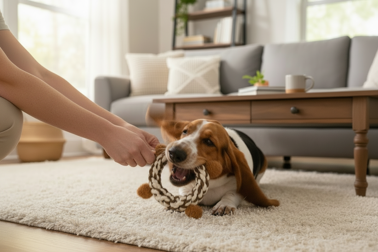 Pet owner engaging a dog with the Eco-Brownie Bear squeaky rope dog toy.