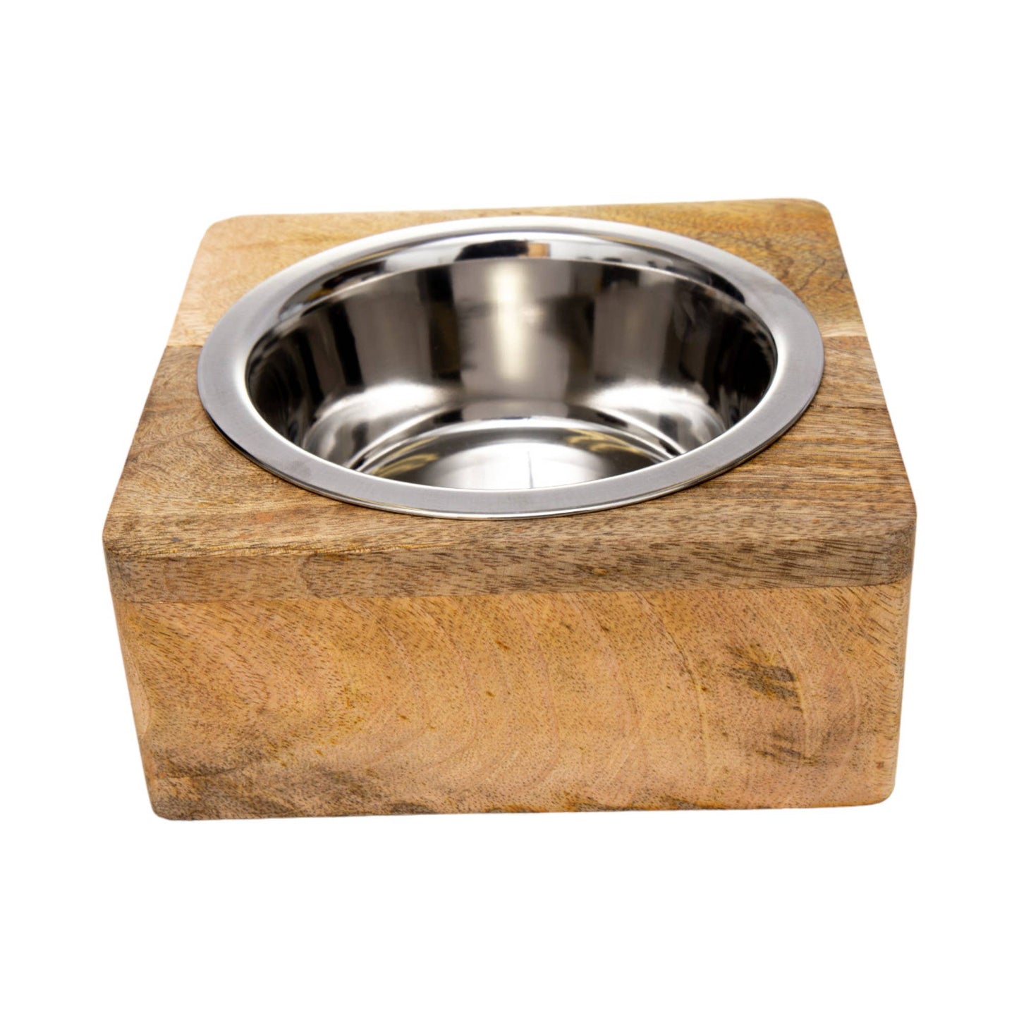 Stainless Steel Dog Bowl with Square Mango Wood Holder | 1 Quart