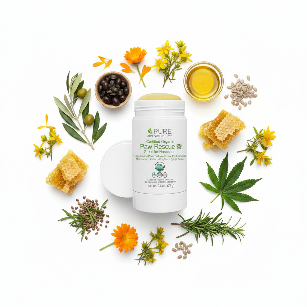 Pure and Natural Pet Paw Rescue balm surrounded by botanical ingredients used in the formula