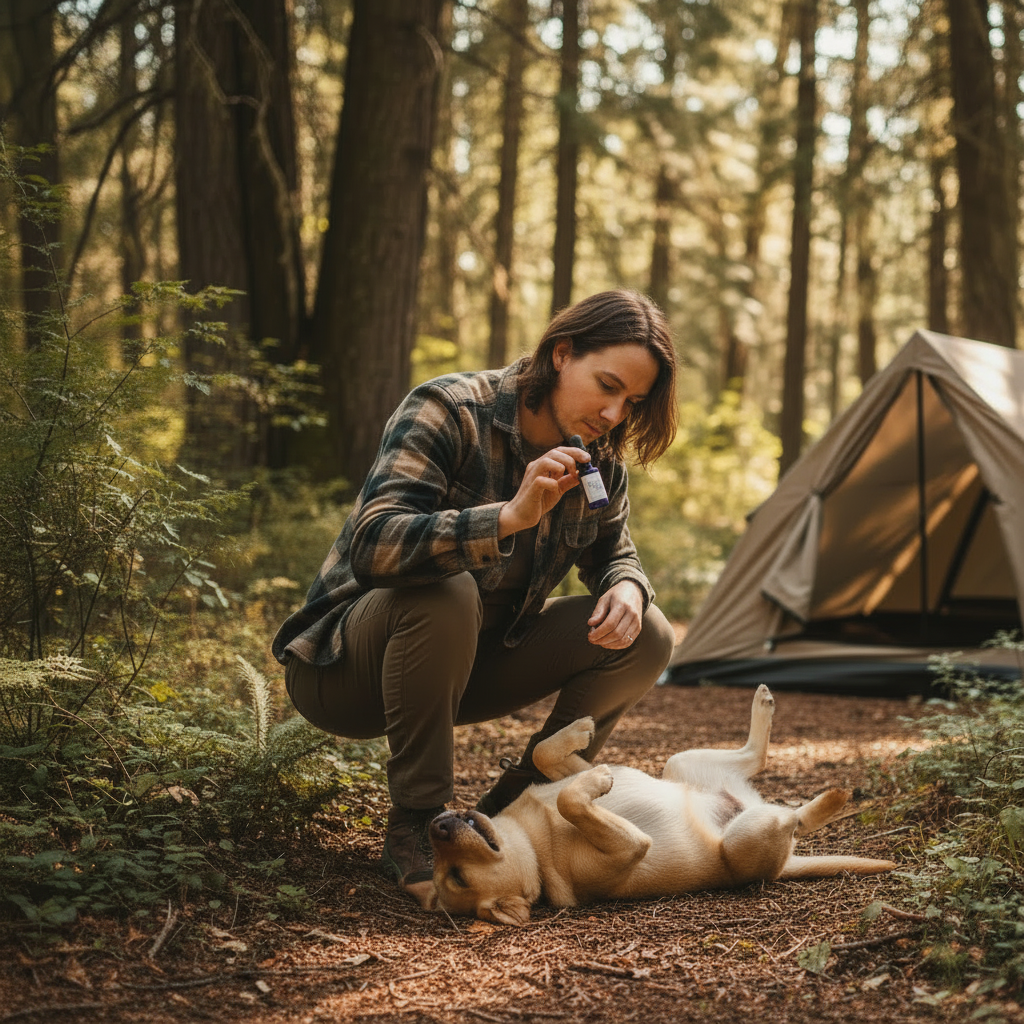 Dog Owner Carrying Organic Tick & Spider Bite Oil While Hiking