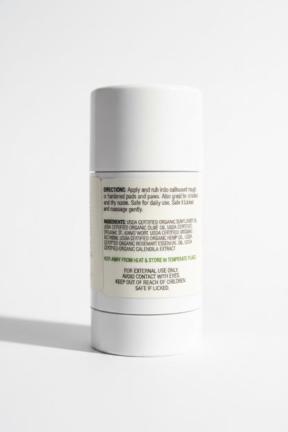 Pure and Natural Pet Paw Rescue container showing back label with ingredients and product information