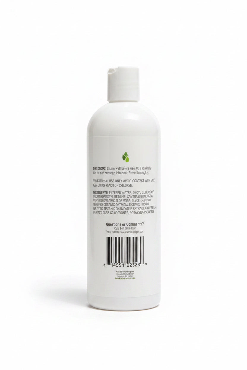 Back label with directions and ingredients for 2-in-1 hypoallergenic pet shampoo and conditioner