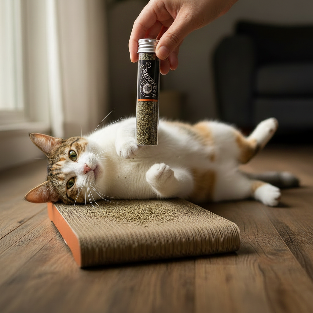 Cat enjoying Shady Cat organic catnip and silver vine blend on a cardboard scratching pad