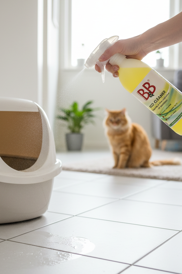 B&B ECO Cleaner used to clean a surface near a cat litter box