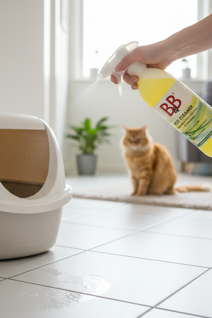 B&B ECO Cleaner used to clean a surface near a cat litter box