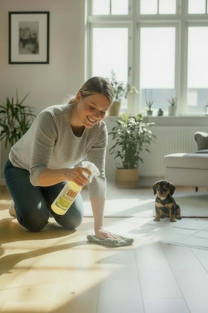 B&B ECO Cleaner used to clean a floor near puppy training pads while a puppy is nearby