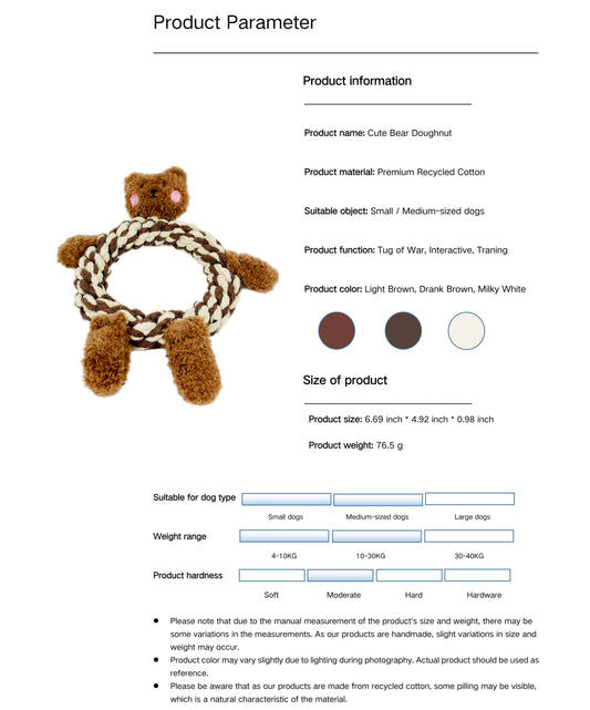 Eco-Brownie Bear Macrame Dog Toy- Plush, Squeaky, Fashion