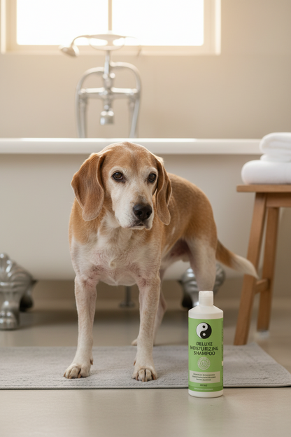 Older dog with a dull dry coat standing before a bath with B&B moisturizing shampoo