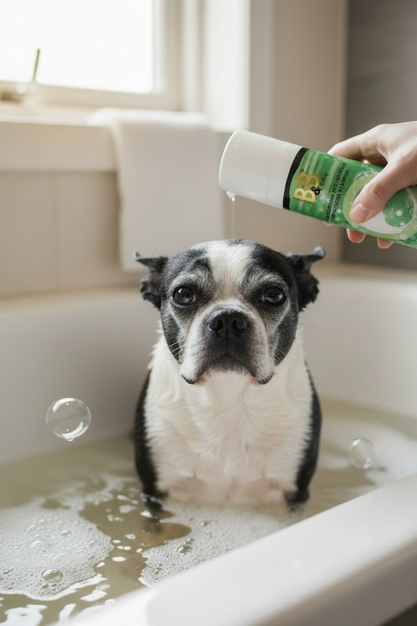 Boston Terrier receiving B&B moisturizing shampoo during a gentle bath