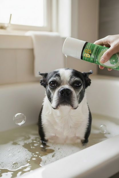 Boston Terrier receiving B&B moisturizing shampoo during a gentle bath