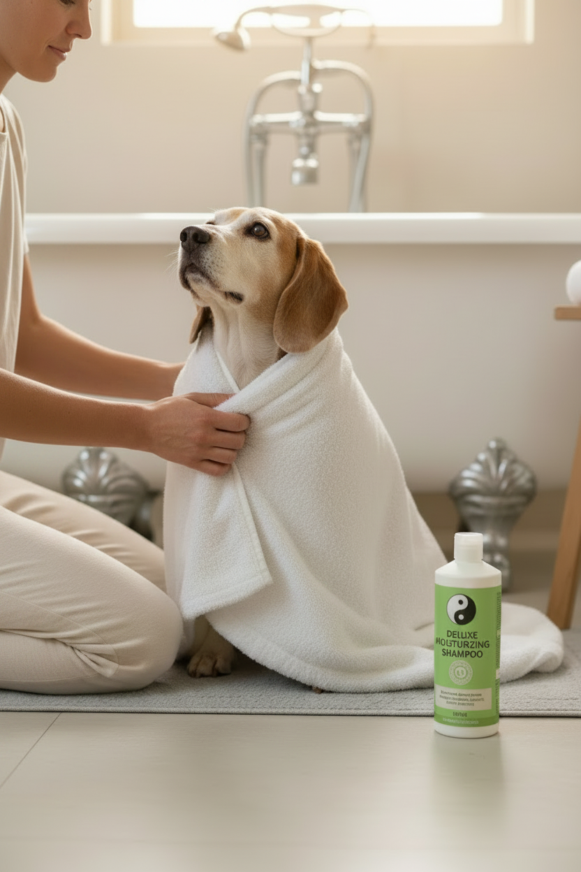 Older dog gently towel dried after bathing with B&B moisturizing shampoo
