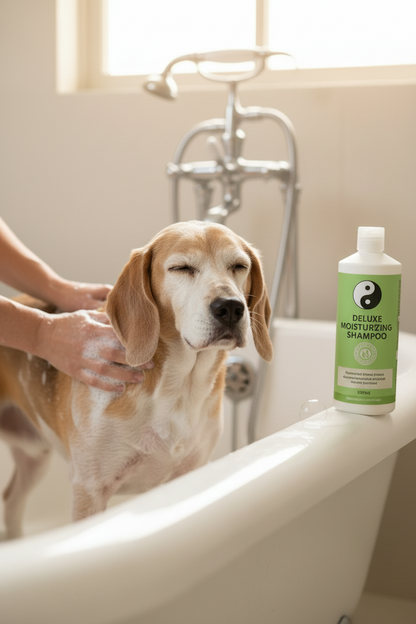 Older dog receiving a gentle bath with B&B Dog Hairdresser’s Professional Moisturizing Shampoo