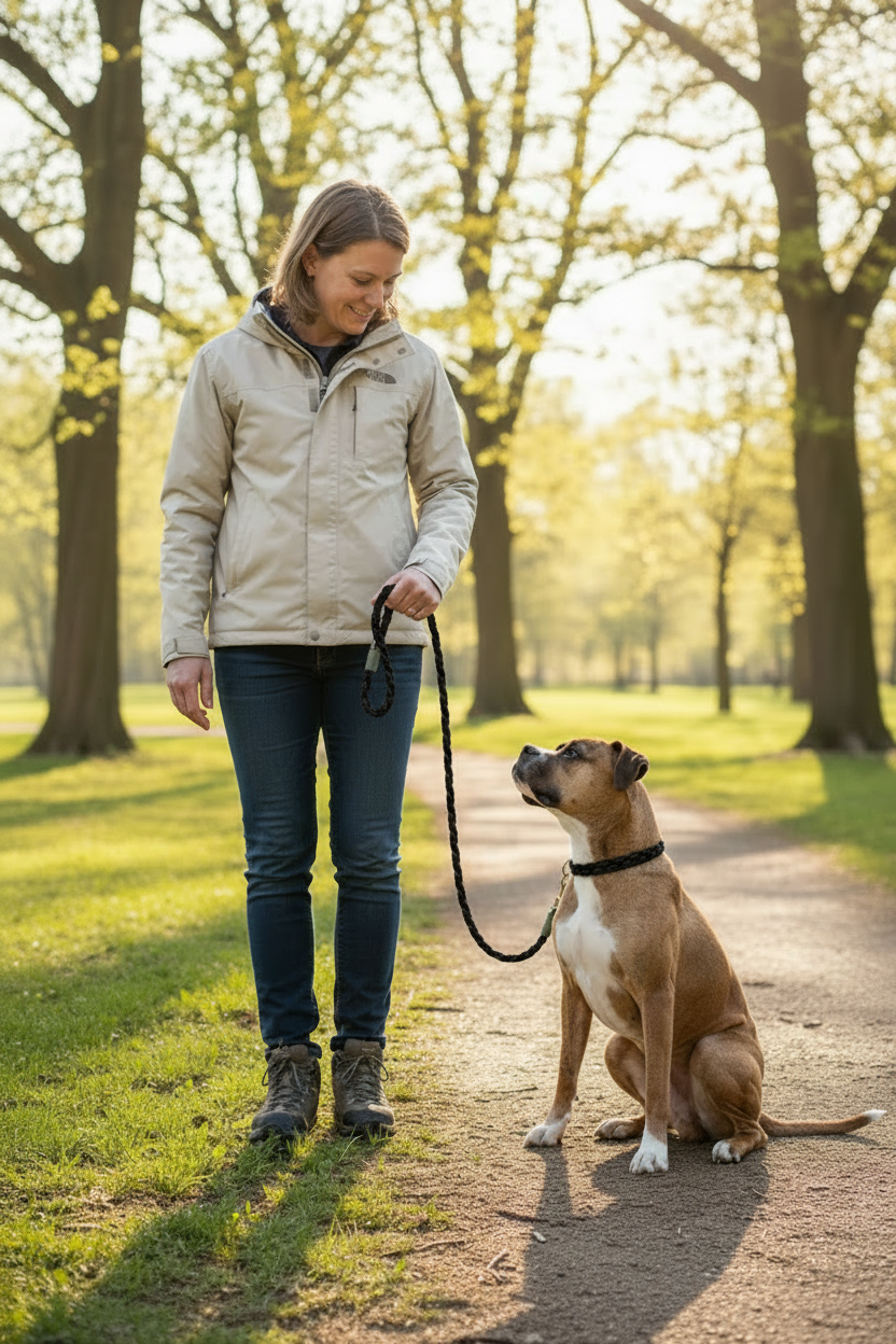 Owner and dog enjoying a walk with BetterLeash Onyx Black dog leash
