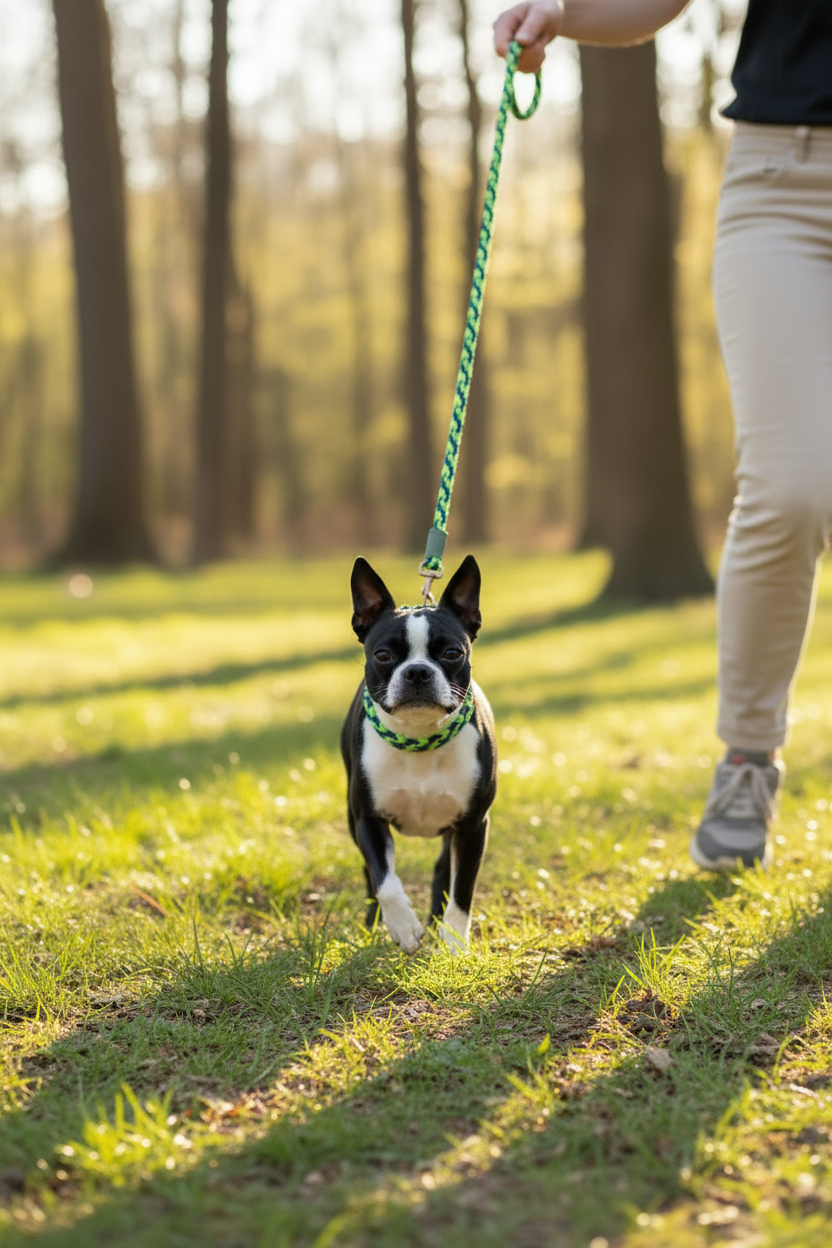 Dog walking with BetterLeash Neon Green & Royal Blue recycled dog leash