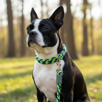 Dog wearing matching BetterCollar and BetterLeash Neon Green & Royal Blue set