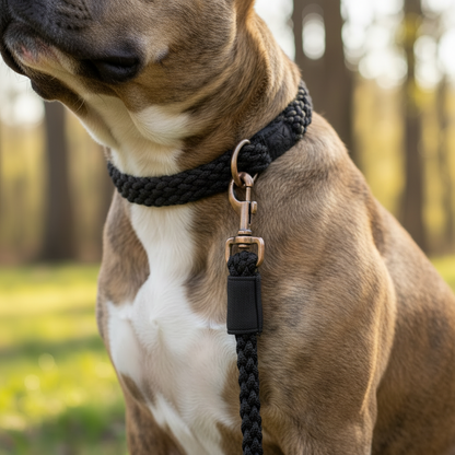 Dog wearing matching BetterCollar and BetterLeash Onyx Black set