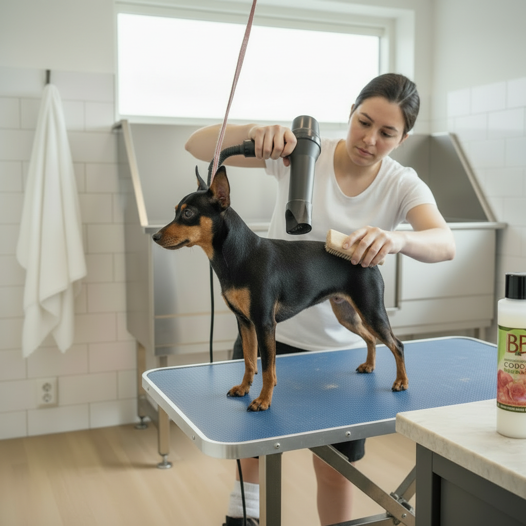 Woman blow-drying a dog’s coat after grooming with B&B Organic Rose Balm nearby