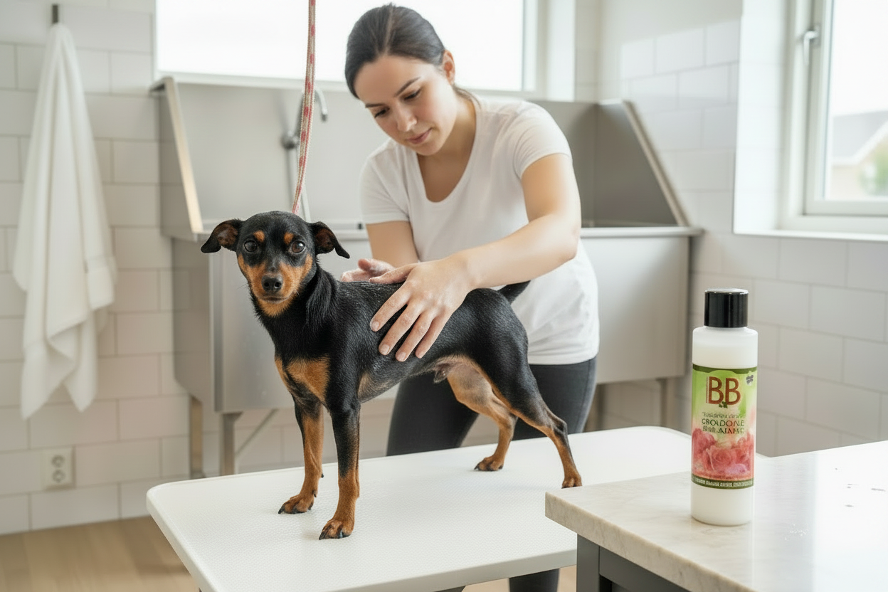 Woman applying B&B Organic Rose Balm to a dog during grooming