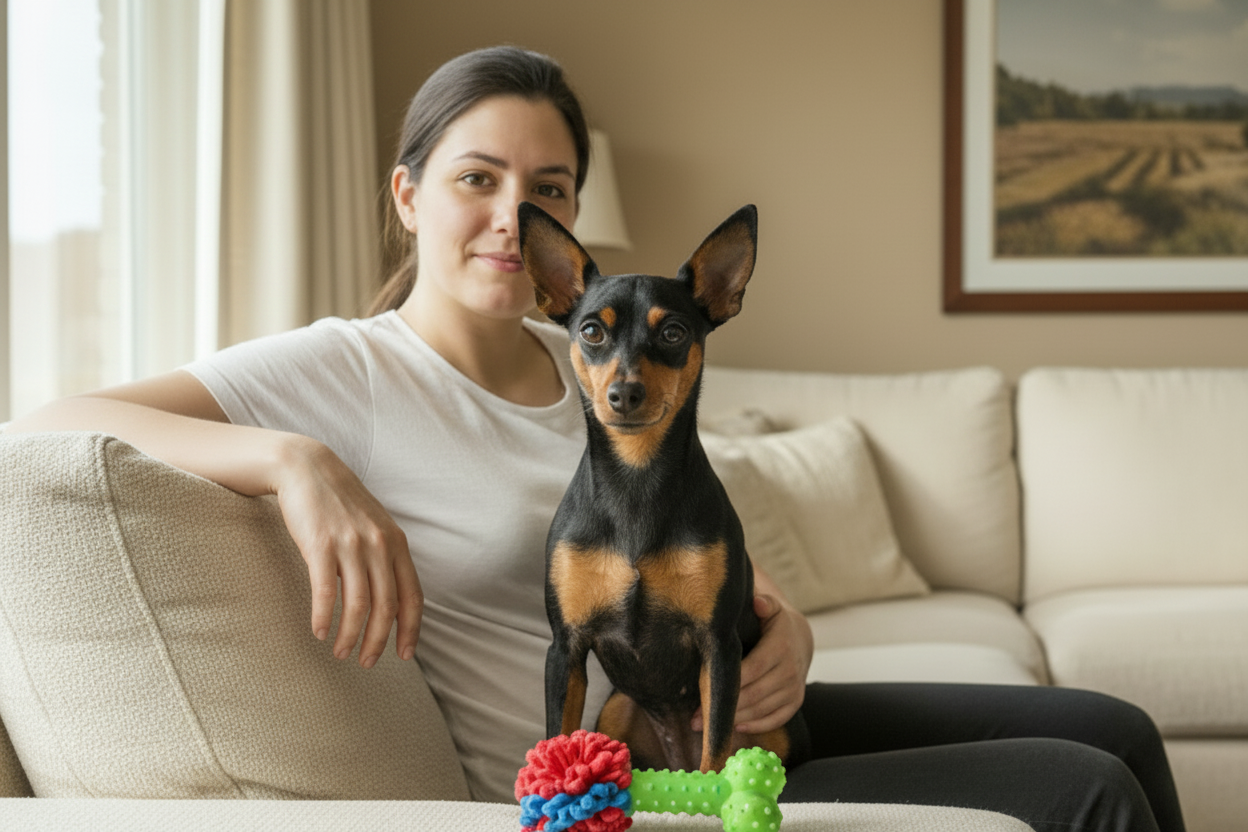 Woman relaxing with a freshly groomed dog at home