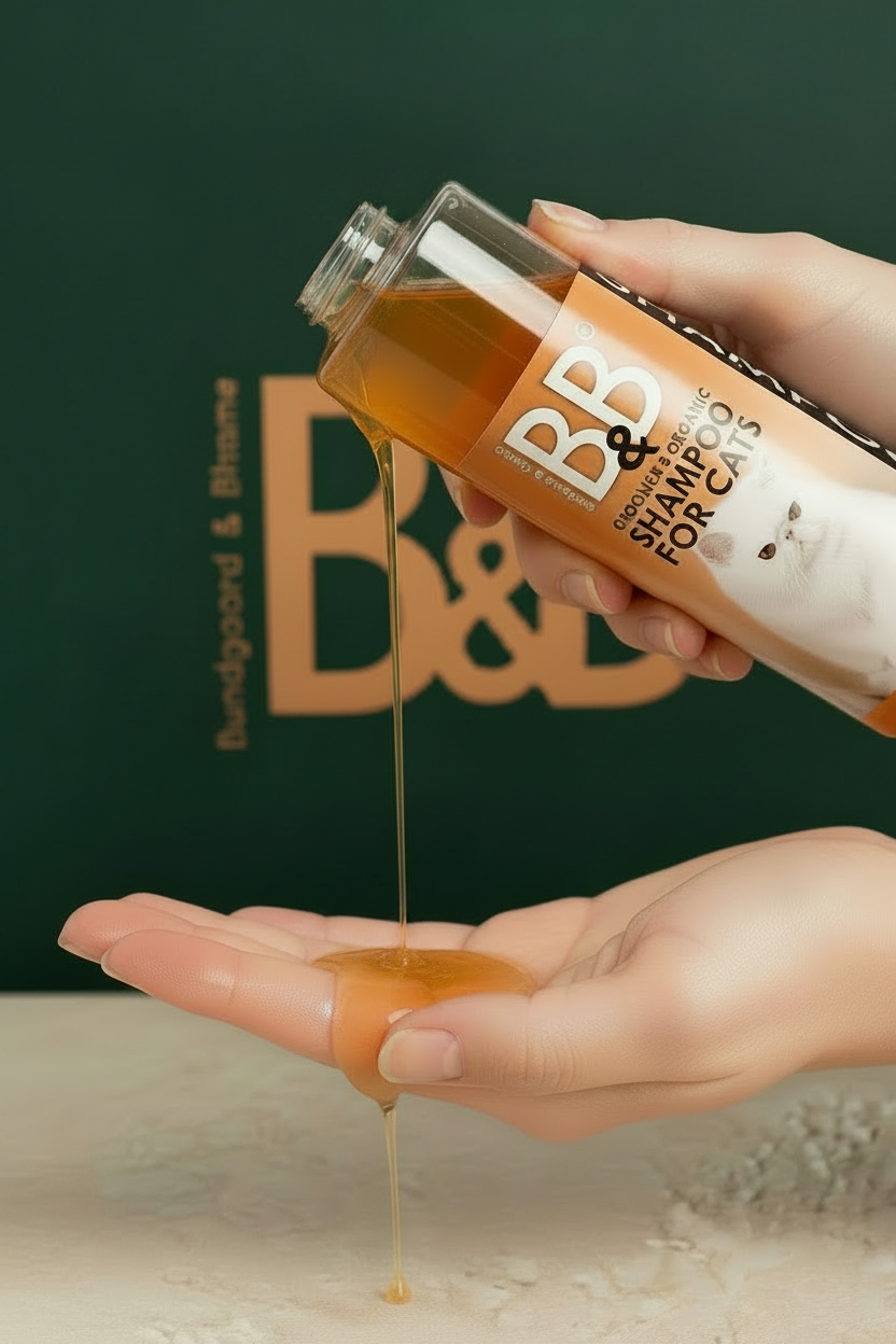B&B Almond & Marigold cat shampoo being dispensed into a hand for application
