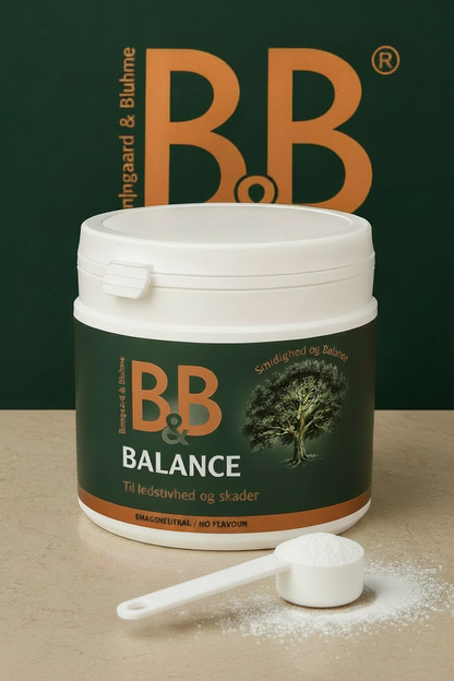 B&B Balance 100 g multi collagen dog supplement container with measuring scoop against a dark green B&B branded background