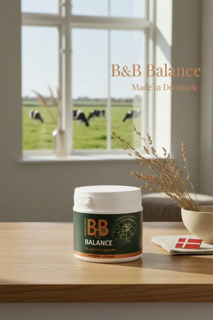B&B Balance 100 g dog collagen supplement displayed in a natural Danish-inspired setting with cows visible through the window and a Danish flag beside the product