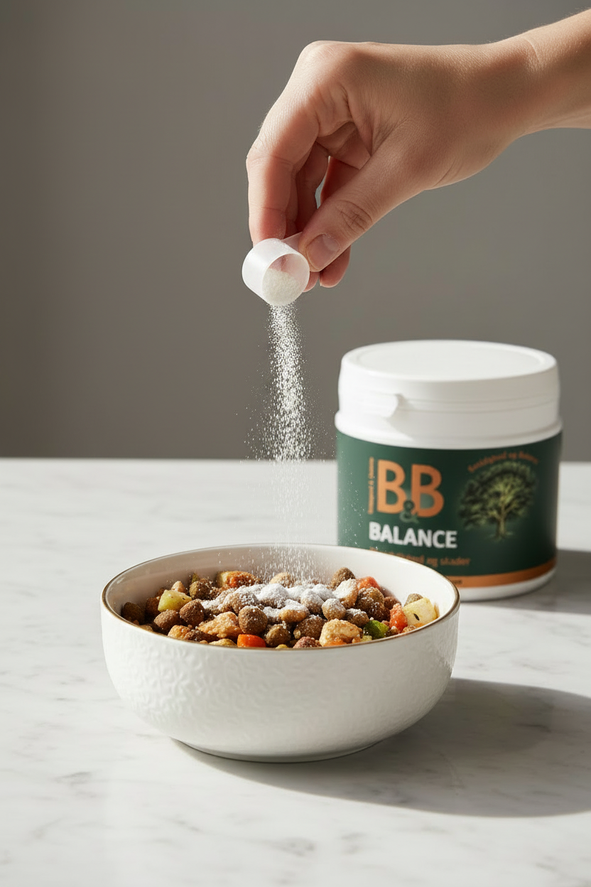 Hand sprinkling B&B Balance collagen powder over a dog’s food with the B&B Balance container in the background