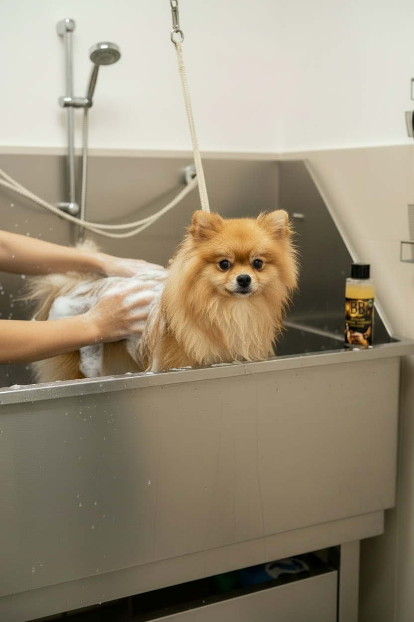 B&B Organic Show Shampoo being used while bathing a Pomeranian