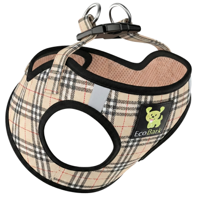 EcoBark Beige Plaid Step-In Dog Harness with breathable mesh and reflective trim for small dogs and puppies.