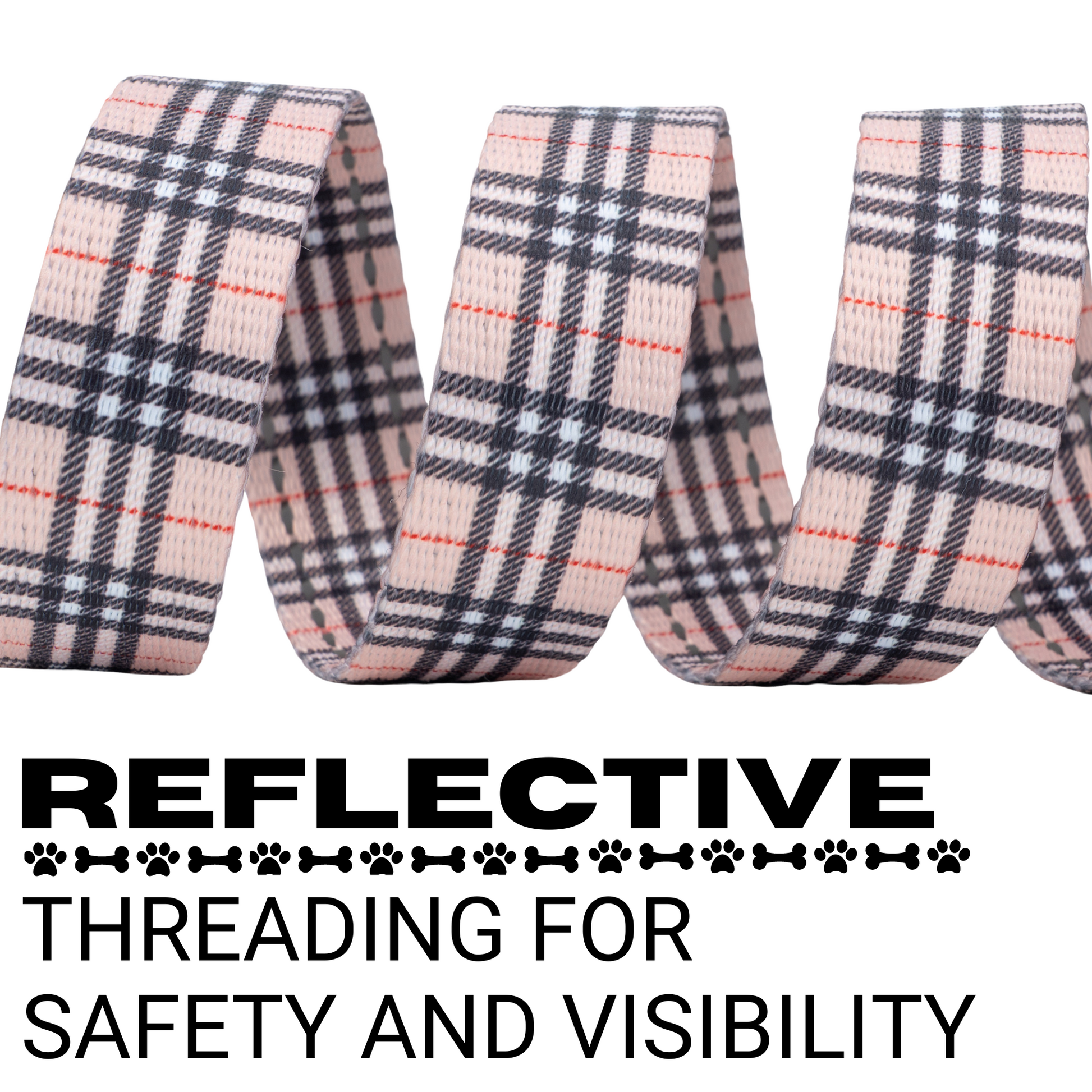 Reflective stitching on the EcoBark Tan Plaid Dog Leash for added visibility