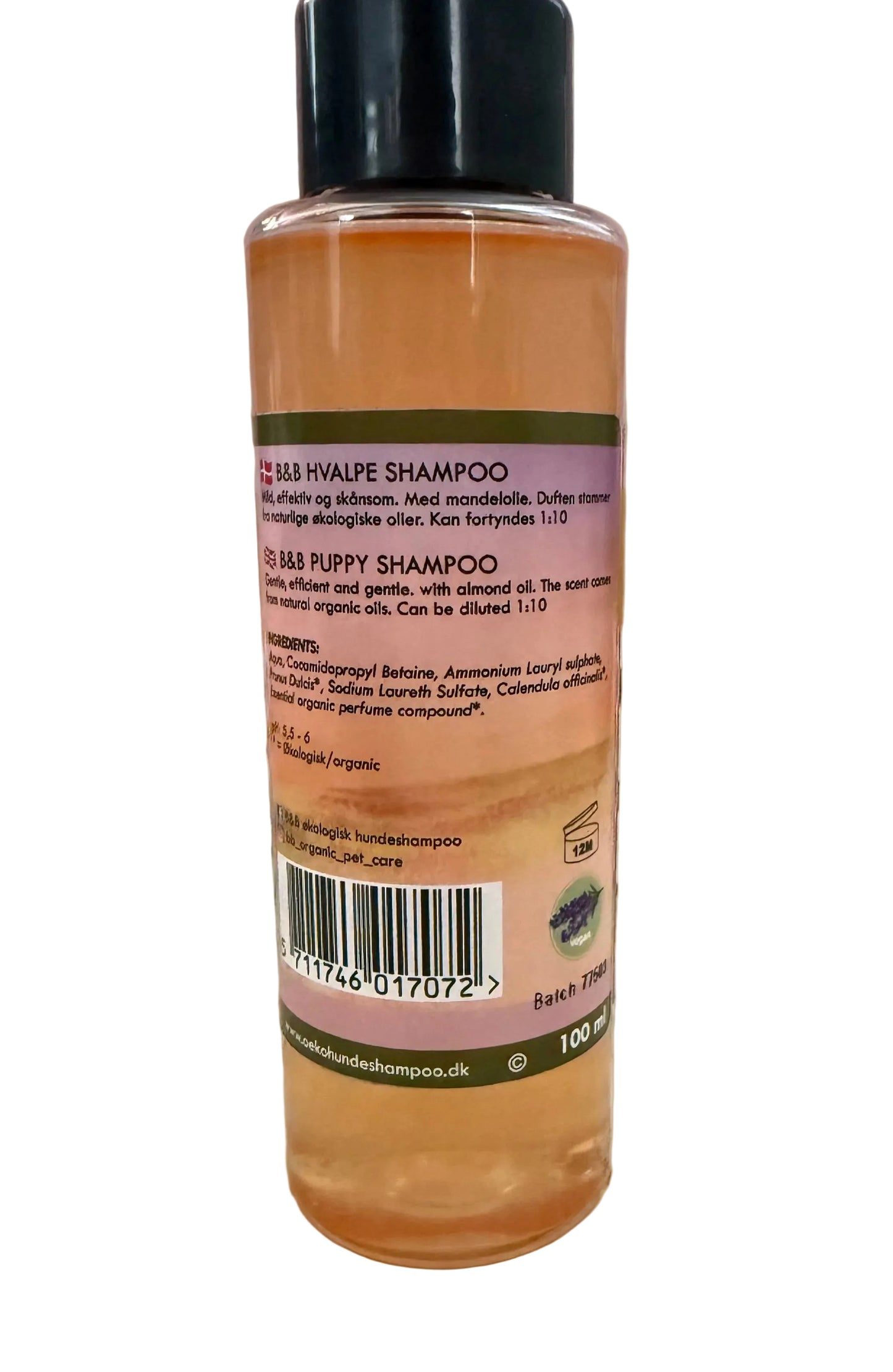 B&B Organic Puppy Shampoo 100 mL back label with ingredients and product details