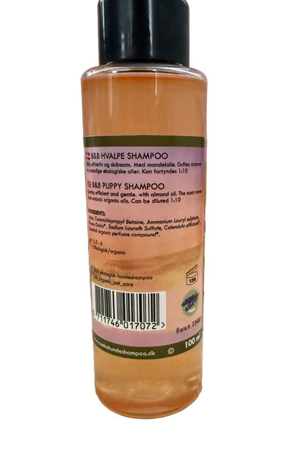 B&B Organic Puppy Shampoo 100 mL back label with ingredients and product details